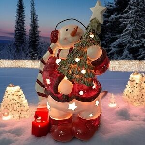 Snowman Light Up Lamp Night Light Christmas Vtg Resin Plug In Winter Vignette